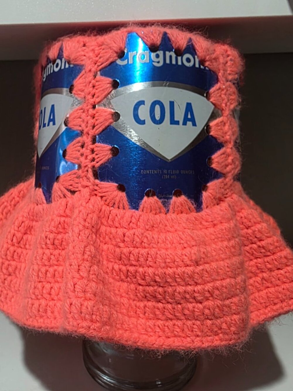 Upcycled Crochet Cragmont Cola Hat, Neon Coral Festival Bucket, OOAK.